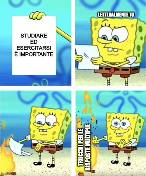 Meme tratto dal cartone animato Spongebob. L'immagine rappresenta Spongebob davanti a un fuoco mentre legge un foglio di carta. Il meme è giocato sul fatto che Spongebob legge qualcosa che non lo convince e lo getta nel fuoco. Il fuoco sono i trucchi per i test a risposta multipla, mentre il foglio riporta l'importanza di studio ed esercizi.
