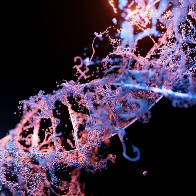 Sintesi proteica di DNA e RNA. Sfondo nero e filamenti viola, blu e rosa.