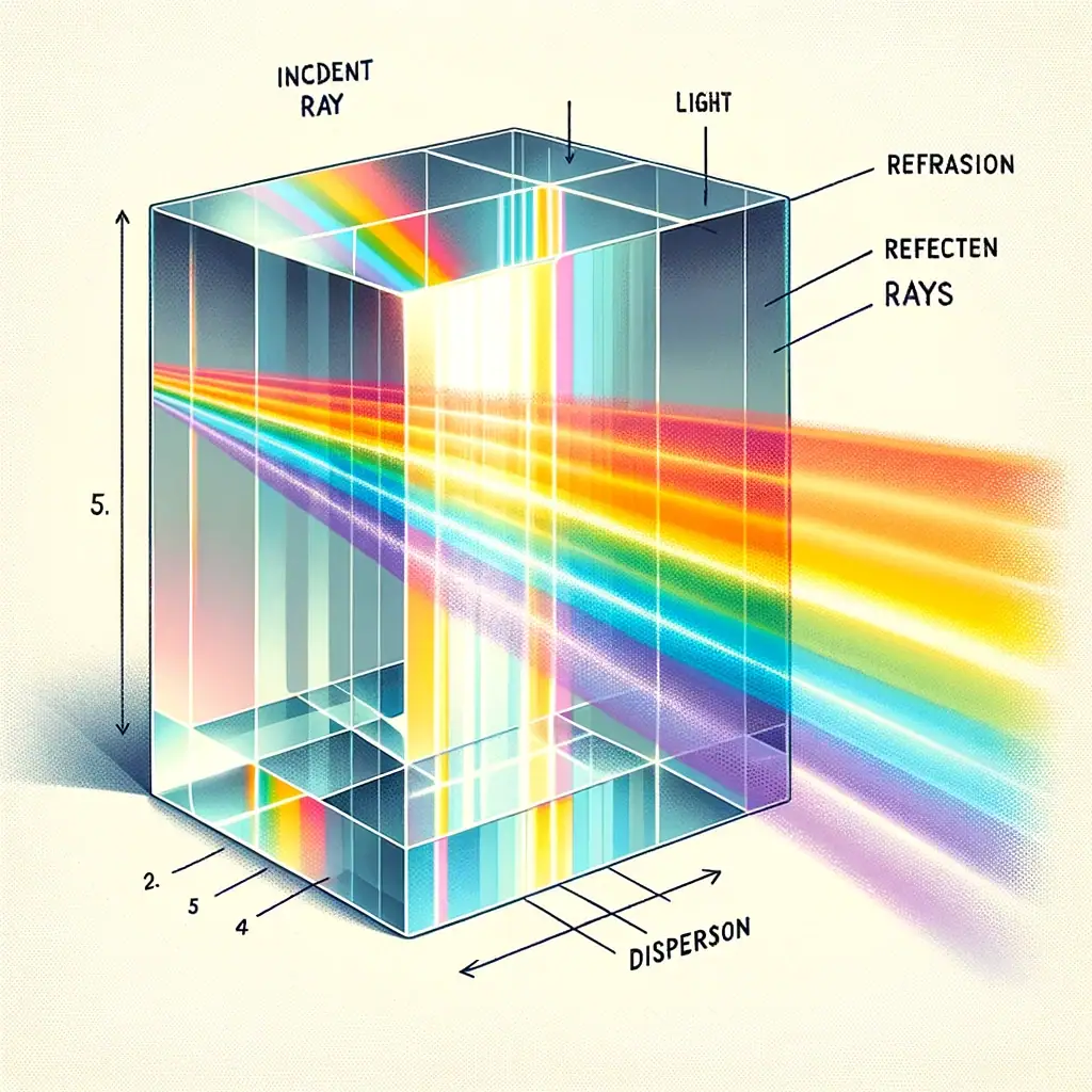 Illustrazione di Ripasso di geometria solida per un testo scolastico che mostra un prisma chiaro su sfondo bianco. I raggi di luce entrano da un lato del prisma e si disperdono in un arcobaleno di colori sul lato opposto, mostrando il fenomeno della dispersione. Sono presenti etichette per indicare il "raggio incidente", i "raggi rifratti" e i diversi colori dello spettro.