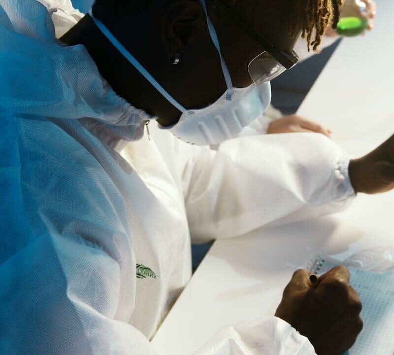 Chimico in laboratorio che annota su un foglio le proprietà di un composto in un'ampolla che tiene nella mano sinistra.