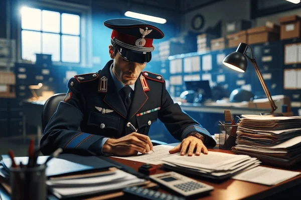 carabiniere che legge dei report su quanto guadagna un maresciallo carabiniere