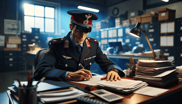 carabiniere che legge dei report su quanto guadagna un maresciallo carabiniere