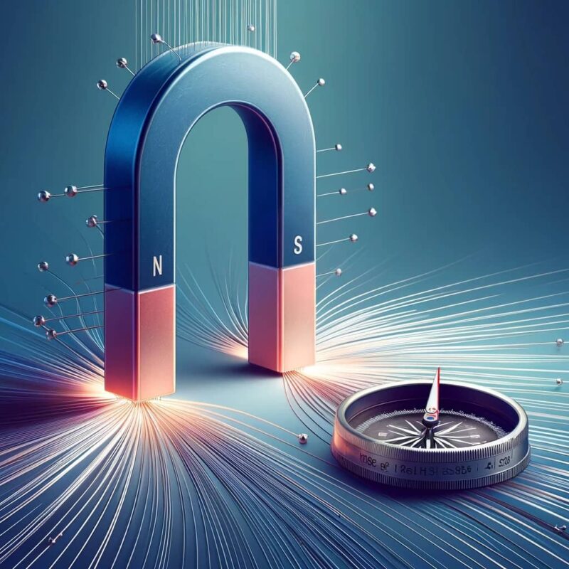 Illustrazione educativa che rappresenta un magnete per spiegare la formula della Forza di Lorentz. Una bussola è posizionata vicino al magnete, con l'ago che segue l'orientamento delle linee di campo.
