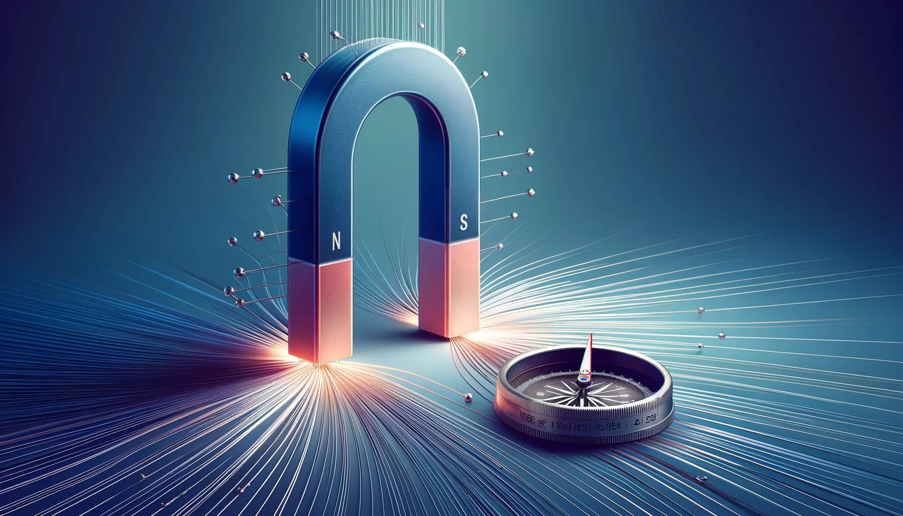 Illustrazione educativa che rappresenta un magnete per spiegare la formula della Forza di Lorentz. Una bussola è posizionata vicino al magnete, con l'ago che segue l'orientamento delle linee di campo.