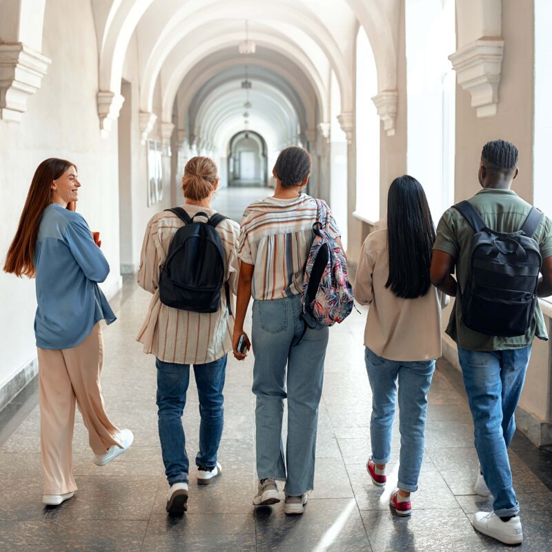 Studenti universitari che camminano nel corridoio dell'univeristà.