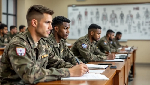 degli aspiranti medici militari sono in classe per imparare come diventare medico militare