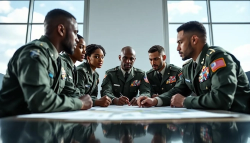 diversi militari sono riuniti ad un tavolo per discutere come diventare medico militare
