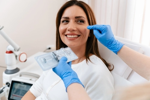 paziente dal medico estetico si fa visitare per un'iniezione di botox, la paziente è seduta su una sedia specialistica da dottore