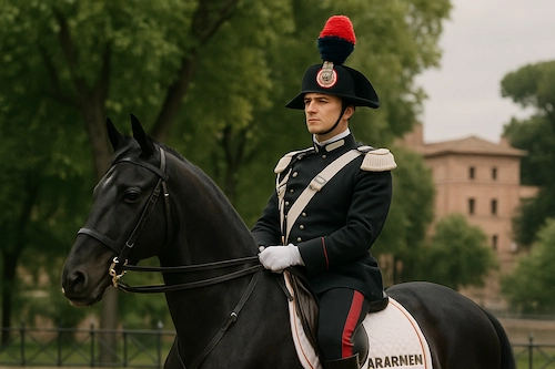 carabiniere a cavallo dimostra come diventare carabiniere mentre è in sella al suo destrirero