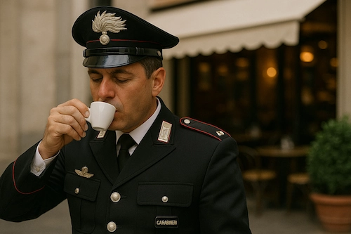 un carabiniere in uniforme mostra coem diventare carabiniere bevendo il caffé