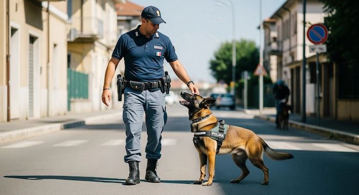 poliziotto facente parte della polizia cinofila porta a spasso il suo cane durante una dimostrazione