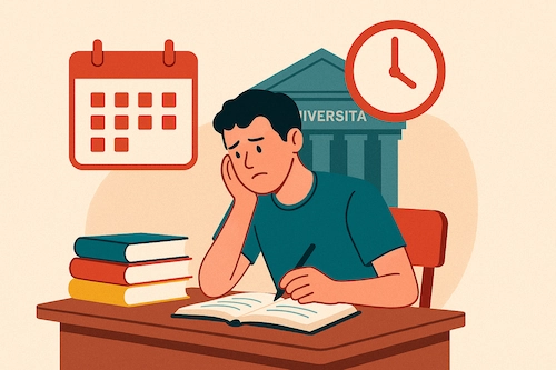 studente triste si tiene la testa pensando agli esami indietro in università mentre studia