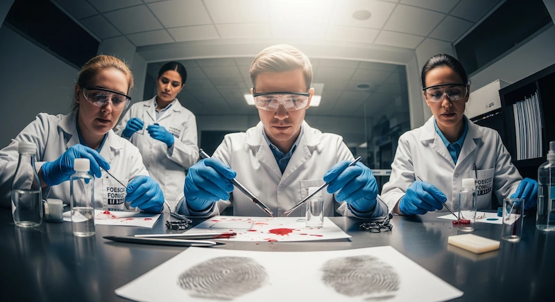 agenti di polizia scientifica in un laboratorio analizzano delle impronte digitali