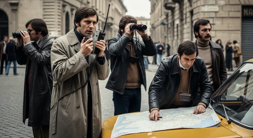 agenti in borghese negli anni 70 studiano un piano appoggiando una cartina sul cofano di una macchina