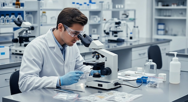 agente della polizia scientifica analizza delle prove al microscopio in un laboratorio