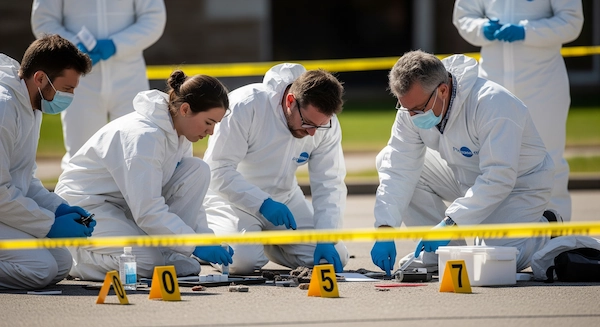 agenti della polizia scientifica fanno un rilievo su una scena del crimine