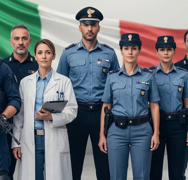 un agente per ogni reparto della polizia si mette in posa per una foto di gruppo davanti alla bandiera italiana