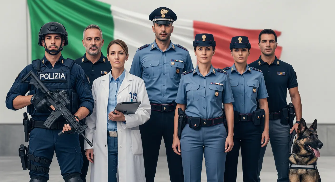 un agente per ogni reparto della polizia si mette in posa per una foto di gruppo davanti alla bandiera italiana