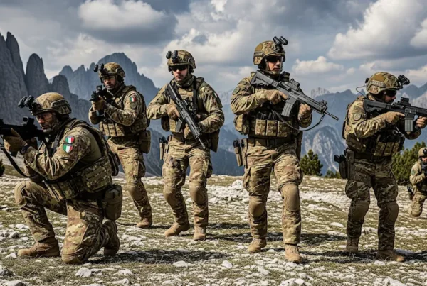 incursori dell'esercito posano per una foto in assetto tattico in montagna