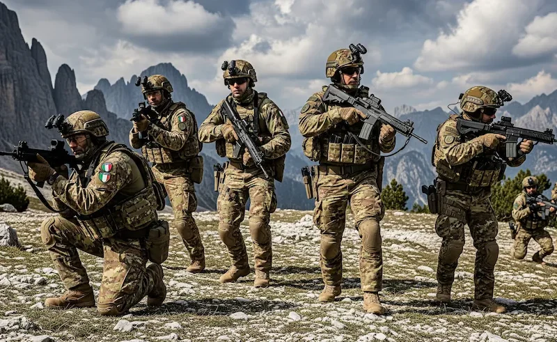 incursori dell'esercito posano per una foto in assetto tattico in montagna