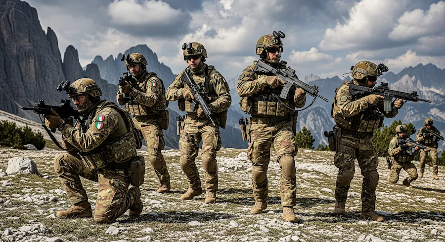 incursori dell'esercito posano per una foto in assetto tattico in montagna