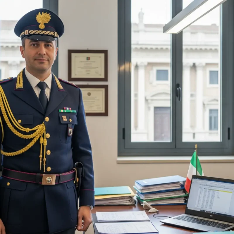 maresciallo mostra come diventare agente della guardia di finanza posando nel suo ufficio per una foto