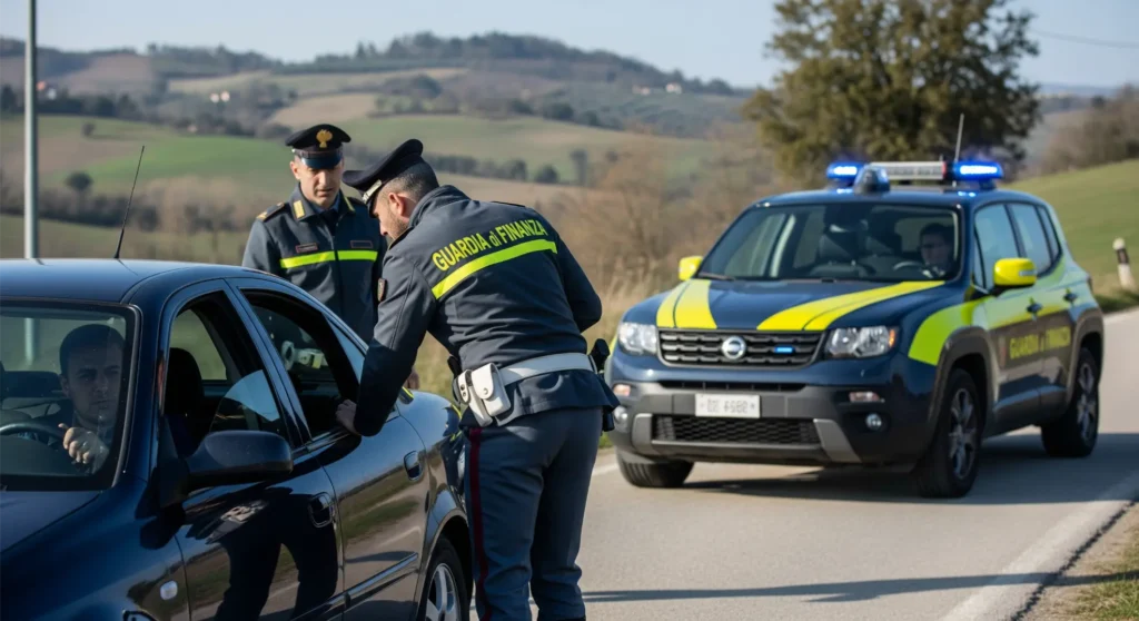 due agenti della guardia di finanza effettuano il fermo di un veicolo in una strada di campagna