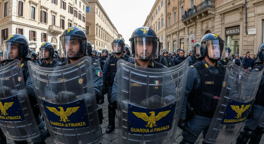agenti della guardia di finanza in assetto anti sommossa ad una manifestazione