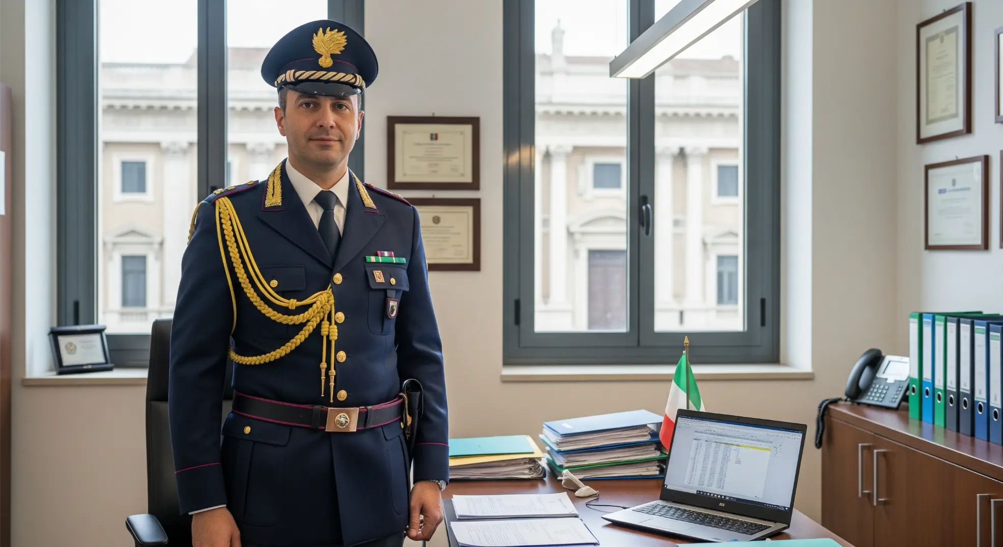 maresciallo mostra come diventare agente della guardia di finanza posando nel suo ufficio per una foto