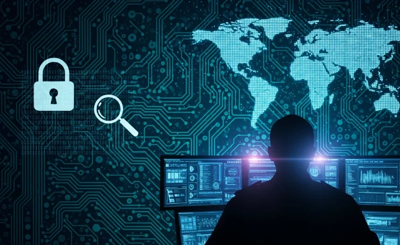 agente della polizia postale seduto ad una scrivania lavora al computer