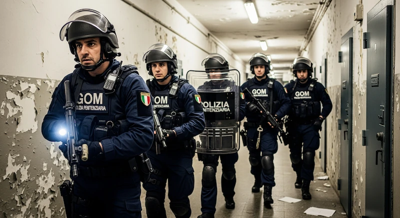 squadra del gom in addestramento con scudi anti sommossa ed equipaggiamento speciale
