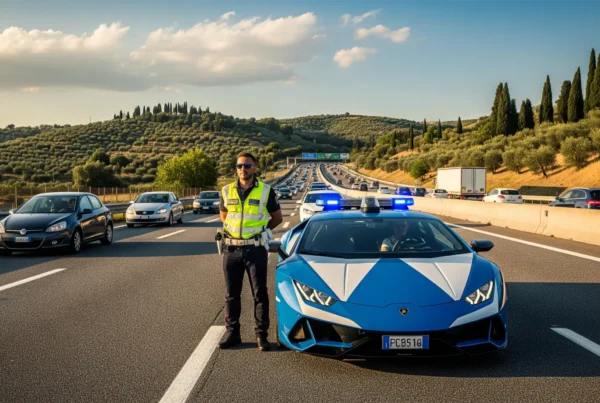 agente della polizia stradale posa di fronte alla lamborghini con la livrea della polizia