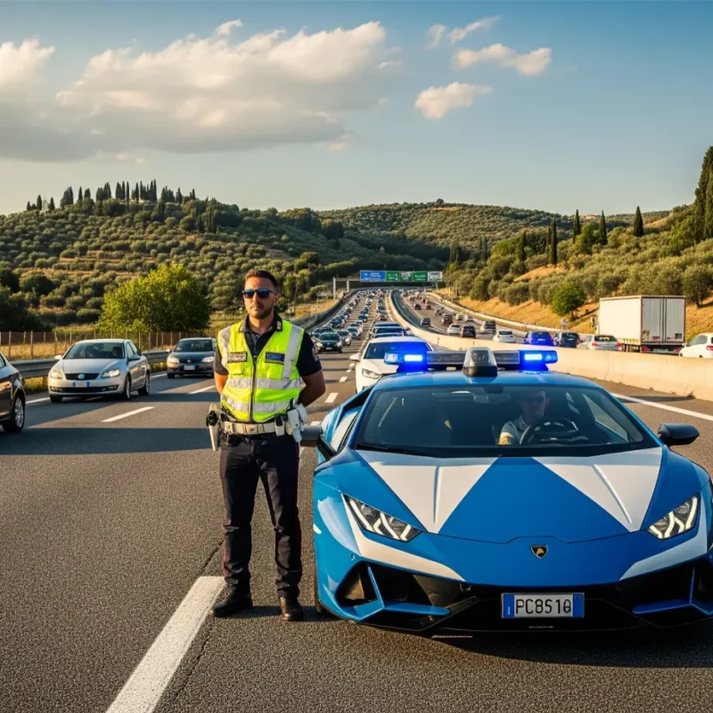 agente della polizia stradale posa di fronte alla lamborghini con la livrea della polizia
