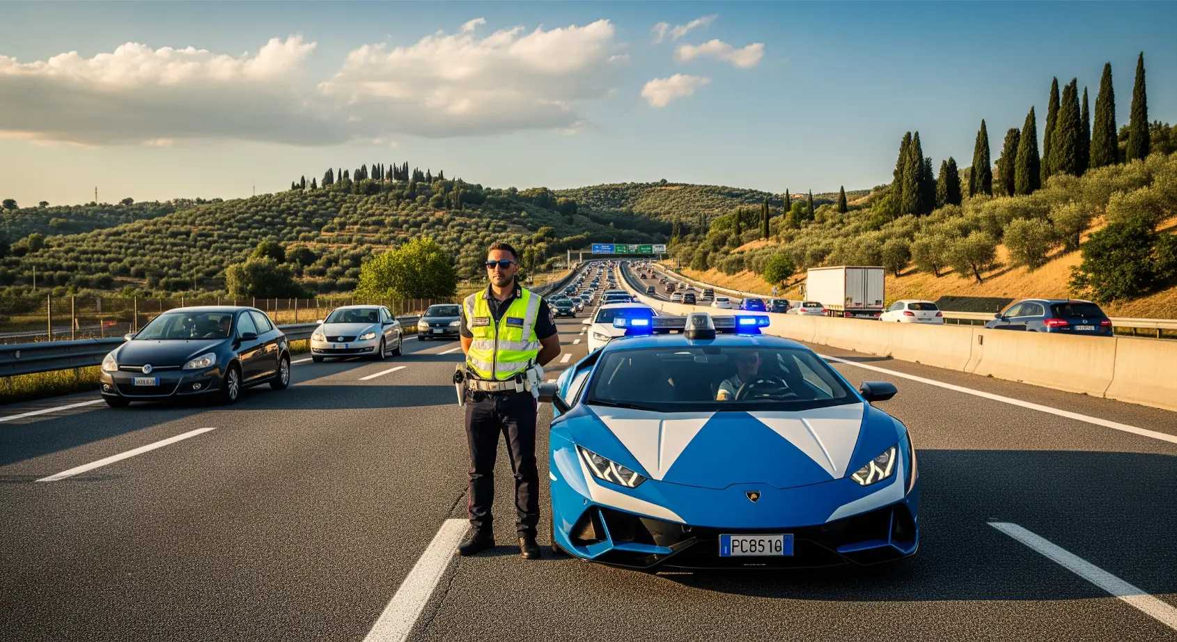 agente della polizia stradale posa di fronte alla lamborghini con la livrea della polizia