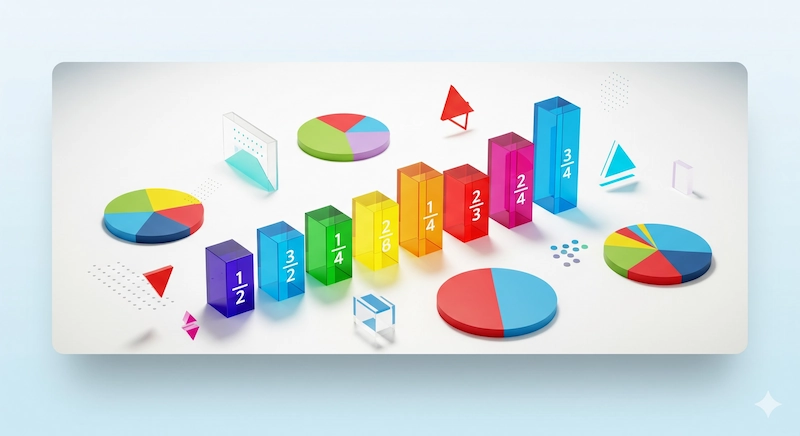 illustrazione che rappresenta i diversi tipi di frazioni proprie, improprie e apparenti