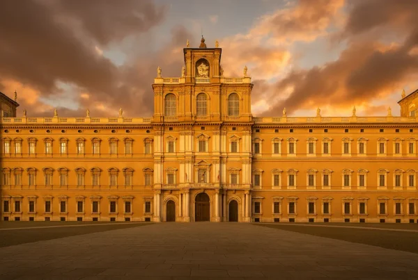 Facciata barocca del Palazzo Ducale di Modena, sede dell’Accademia Militare, illuminata dalla luce dorata del tramonto.