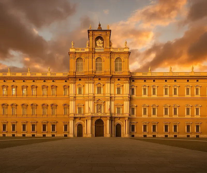 Facciata barocca del Palazzo Ducale di Modena, sede dell’Accademia Militare, illuminata dalla luce dorata del tramonto.