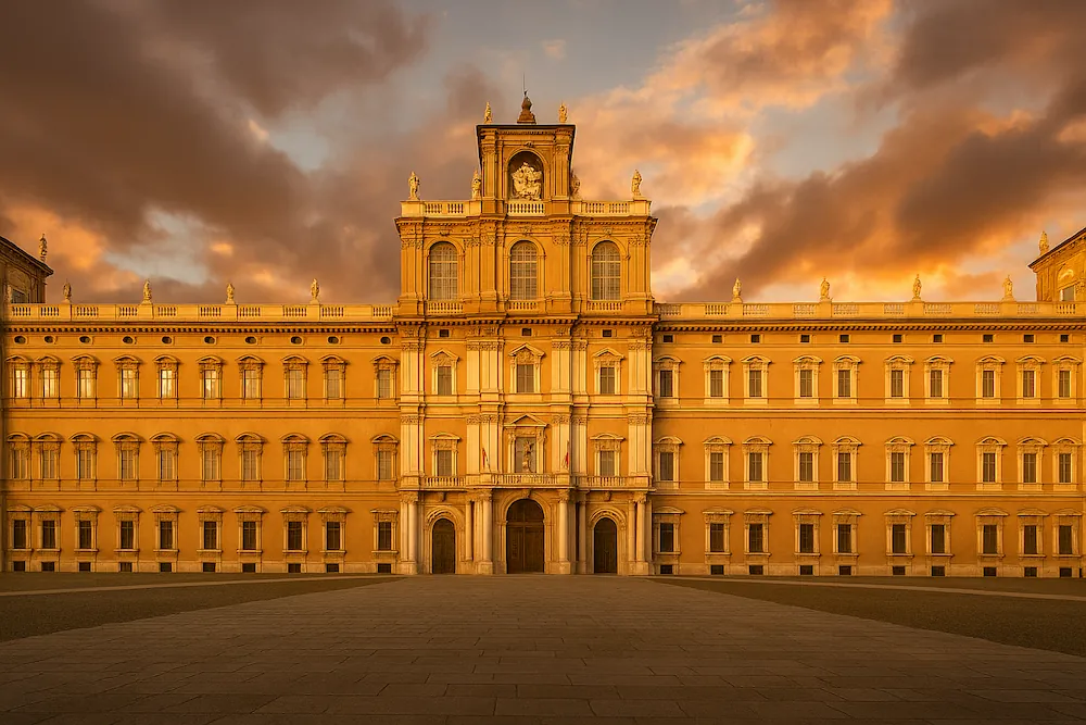 Facciata barocca del Palazzo Ducale di Modena, sede dell’Accademia Militare, illuminata dalla luce dorata del tramonto.