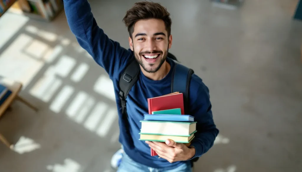 studente con libri in mano è felice dopo aver passato un esame per il quale aveva studiato velocemente