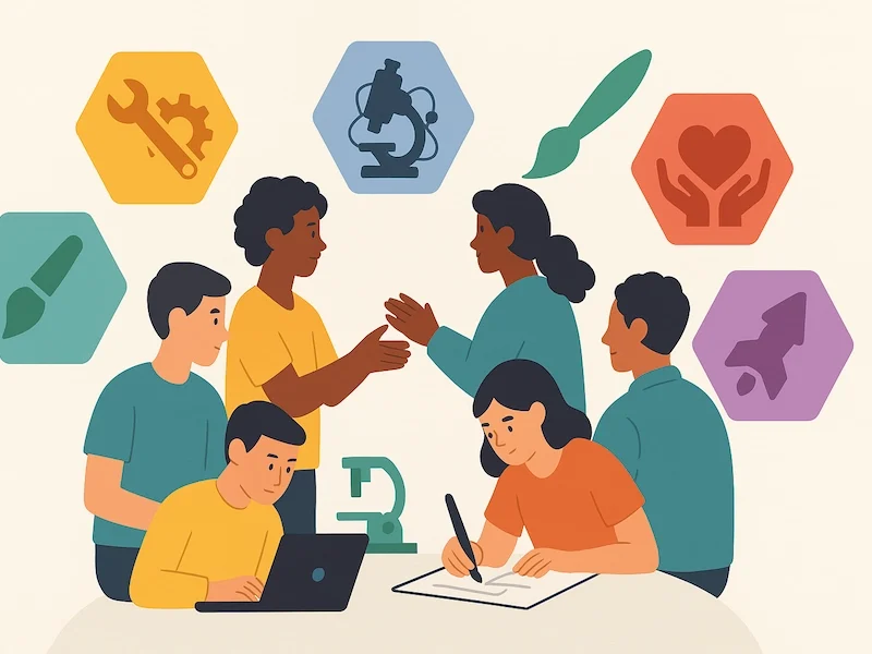 copertina che mostra 6 persone che fanno il test riasec