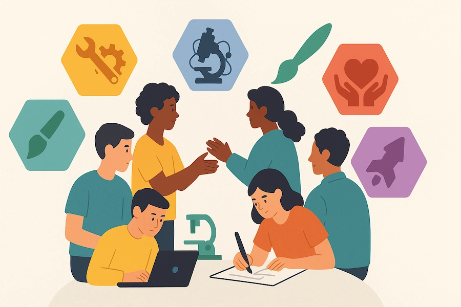 copertina che mostra 6 persone che fanno il test riasec