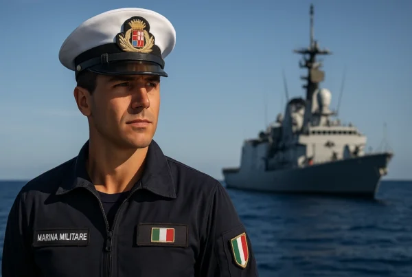 ammiraglio della marina militare posa di fronte ad un cacciatorpediniere per dimostrare come entrare nella marina militare