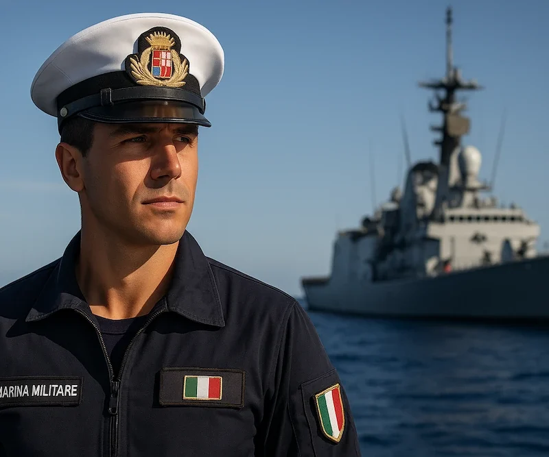 ammiraglio della marina militare posa di fronte ad un cacciatorpediniere per dimostrare come entrare nella marina militare