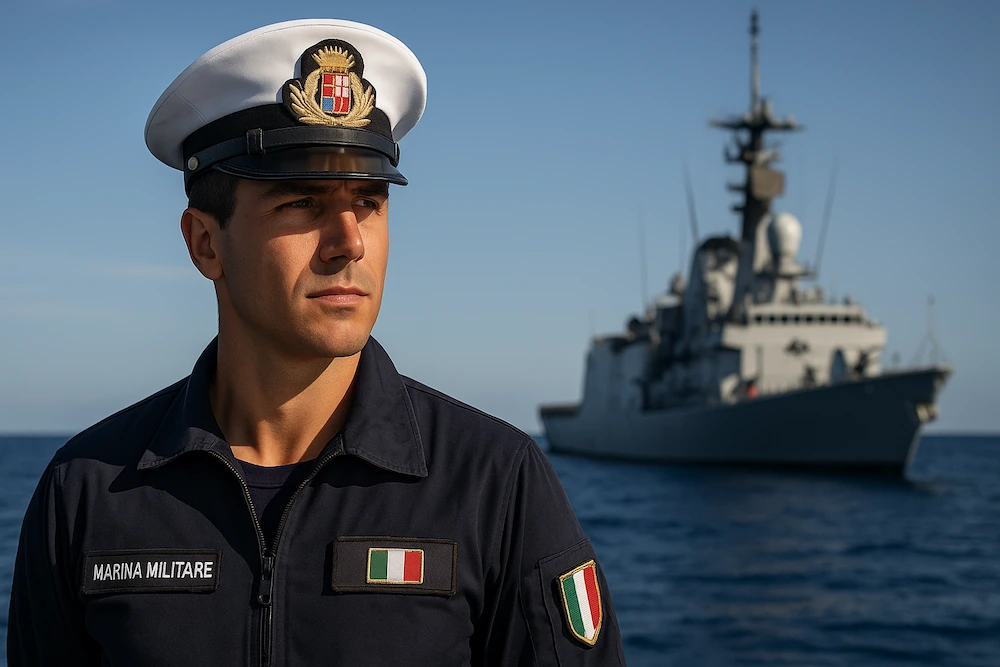ammiraglio della marina militare posa di fronte ad un cacciatorpediniere per dimostrare come entrare nella marina militare