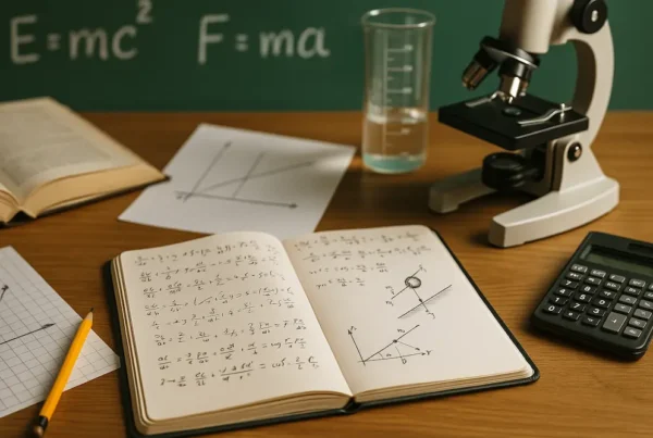libri di fisica 1 sparsi su un tavolo di legno con scritte formule di fisica