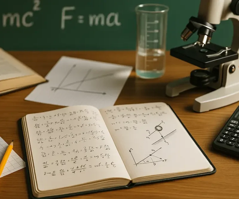 libri di fisica 1 sparsi su un tavolo di legno con scritte formule di fisica