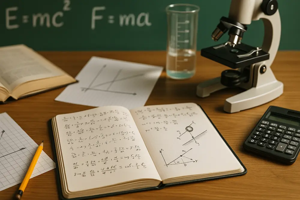 libri di fisica 1 sparsi su un tavolo di legno con scritte formule di fisica