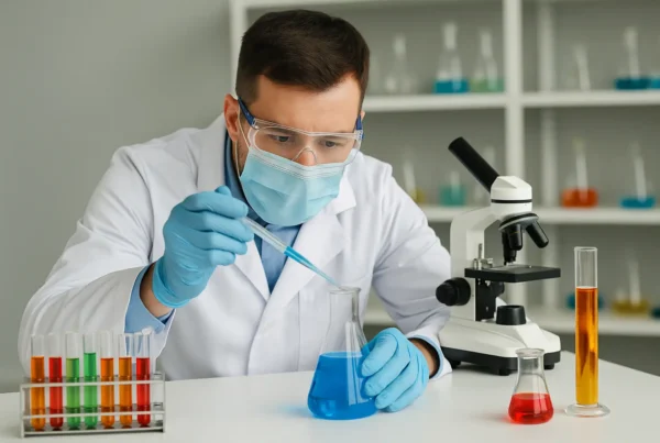 chimico di professione prepara una soluzione in laboratorio utilizzando le sue conoscenze di chimica organica