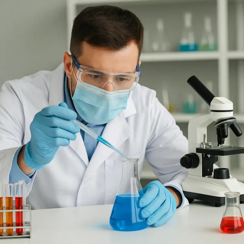 chimico di professione prepara una soluzione in laboratorio utilizzando le sue conoscenze di chimica organica