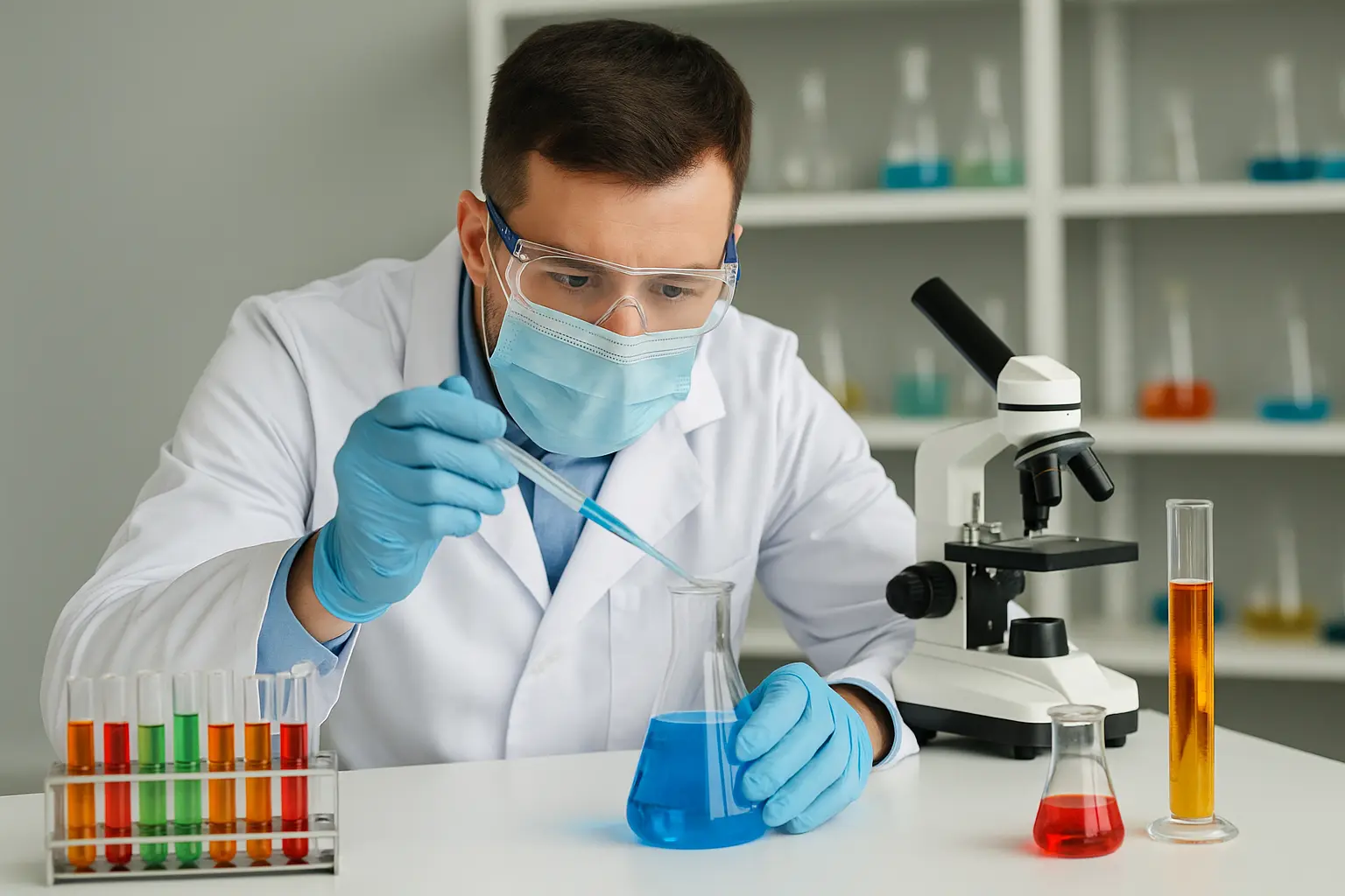 chimico di professione prepara una soluzione in laboratorio utilizzando le sue conoscenze di chimica organica